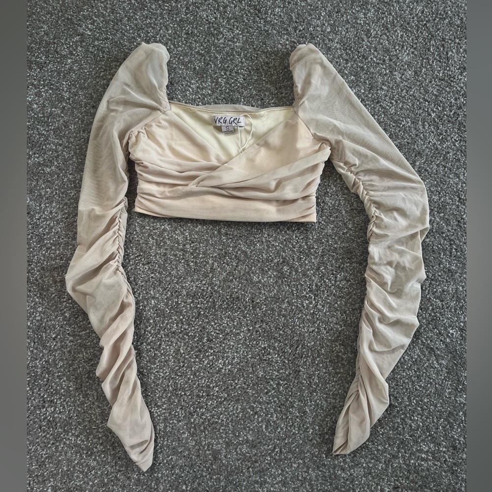 VRG GIRL: Nude Mesh Long Sleeve Top